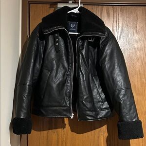 GAP Black Leather Jacket with Fleece Trim